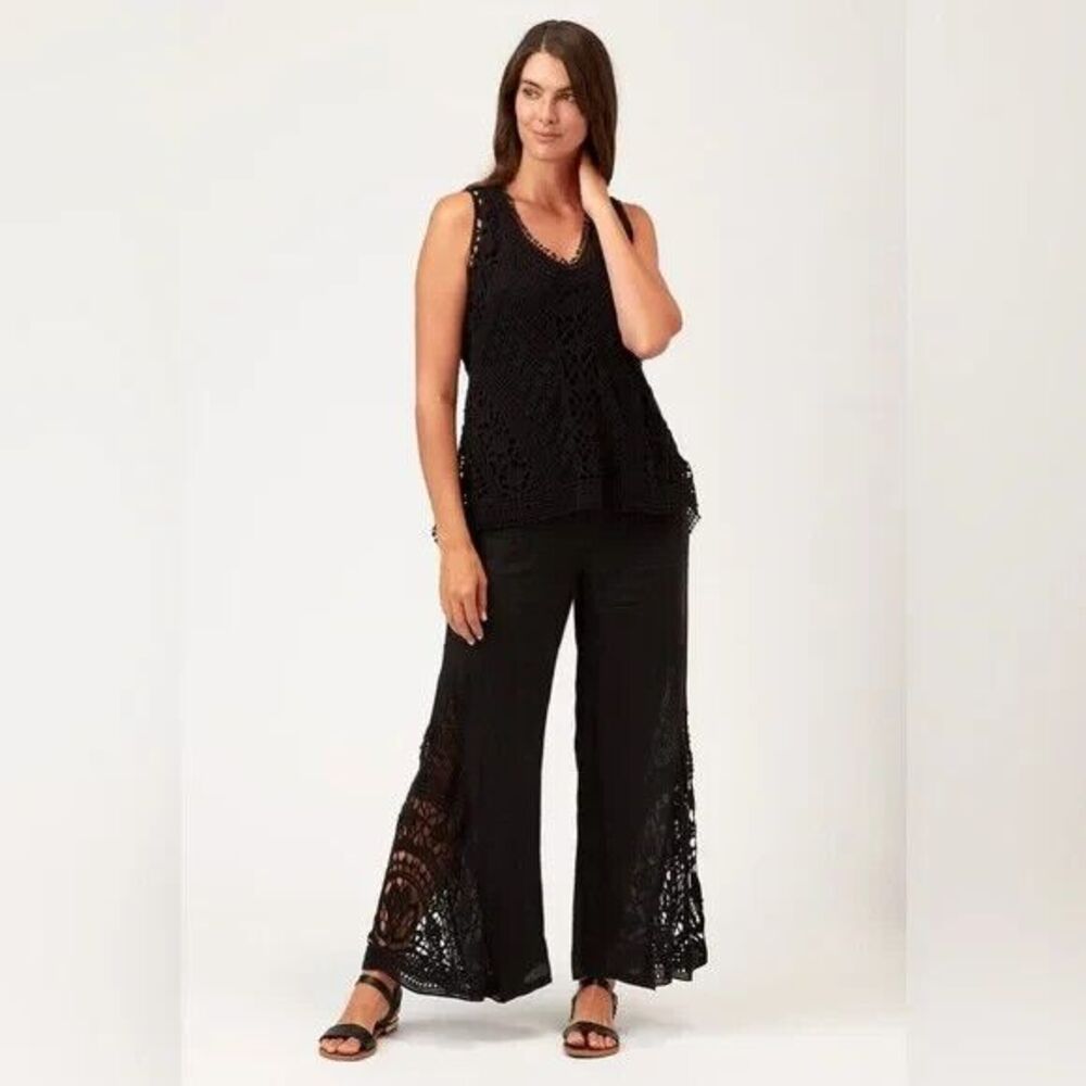 XCVI Ismay Women's Black Crochet LINEN Wide Leg Flowy Waist Pants Sz M - Picture 3 of 11